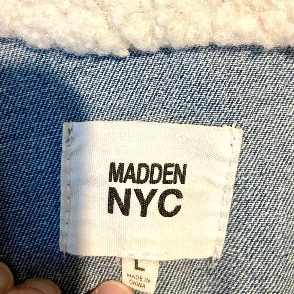 Madden NYC Blue Denim‎ Jean Cropped Jacket Sherpa Collar Womens L Preppy Y2K - Picture 5 of 8